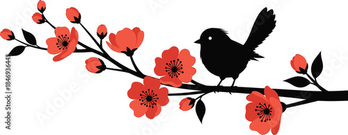 Black bird silhouette on branch with red flowers bird, black bird, silhouette, red flowers, branch, floral, nature, wildlife, white background, flowers, blossoms, tree branch, bird on branch, floral p