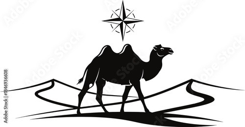 Black camel silhouette on desert dunes with compass rose camel, desert, dunes, compass, rose, navigation, direction, black, silhouette, desert landscape, sand dunes, animal, mammal, desert animal, tra