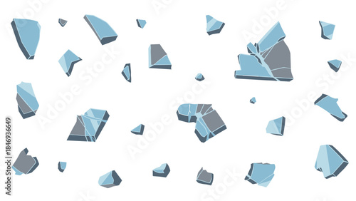 Shattered glass fragments are scattered across a white background, representing breakage, destruction, or a fractured state.