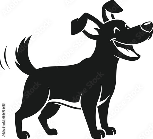 Black cartoon dog with wagging tail and open mouth black, cartoon, dog, wagging tail, open mouth, smiling, happy, animated, white background, pet, animal, motion lines, tail movement, canine, humor, p