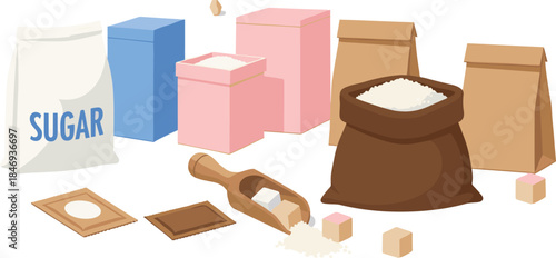 Vector Collection of Sugar Products and Packaging; Bags, Cubes, Sachets, Boxes, and Scoop for Food, Baking, Sweeteners, and Grocery Design.