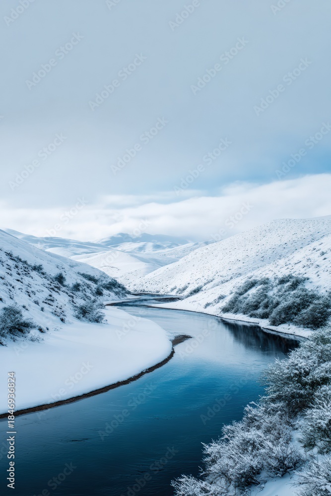 Obraz premium Serene winter landscape with snowy mountains and calm river