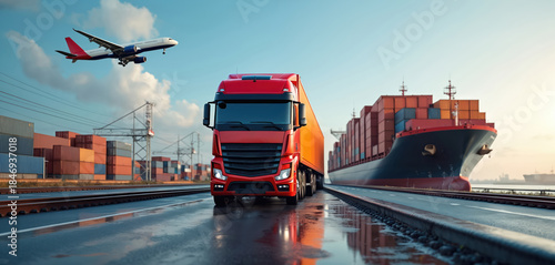 Red truck moves near cargo ship and airplane flying overhead. Stacked shipping containers visible at port. Global freight transport concept. Supply chain logistics.