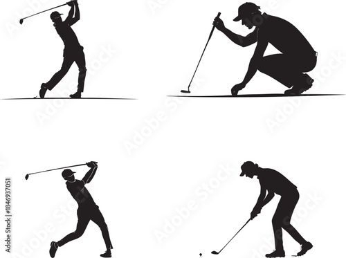 Set of Black Silhouette Golfer Poses Showing Multiple Golf Actions Including Swing, Putting, Follow Through and Standing Positions in Minimal Flat Vector Style Isolated on White Background