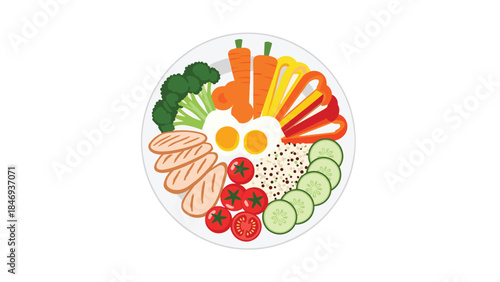 A colorful and healthy plate featuring fried eggs, chicken, rice, and a variety of fresh vegetables promotes balanced nutrition.