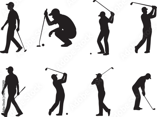 Set of Black Silhouette Golfer Poses Showing Multiple Golf Actions Including Swing, Putting, Follow Through and Standing Positions in Minimal Flat Vector Style Isolated on White Background