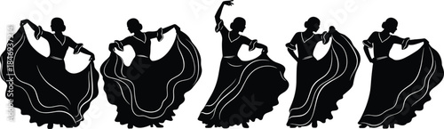 Set of Five Black Silhouette Women Performing Dynamic Spanish Flamenco Dance Moves with Flowing Skirts and Traditional Dresses, Isolated Vector Graphic for Cultural Designs.