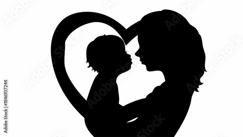 Emotional Mother and Child Hugging Silhouette Form, Loving Family Bond Illustration of Parent and Kid Embracing