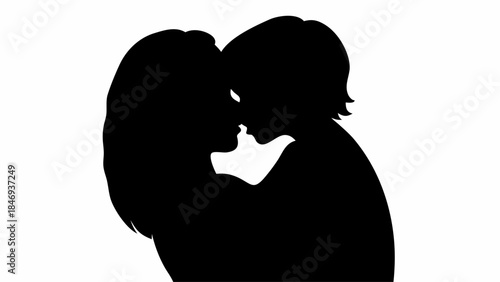 Emotional Mother and Child Hugging Silhouette Form, Loving Family Bond Illustration of Parent and Kid Embracing