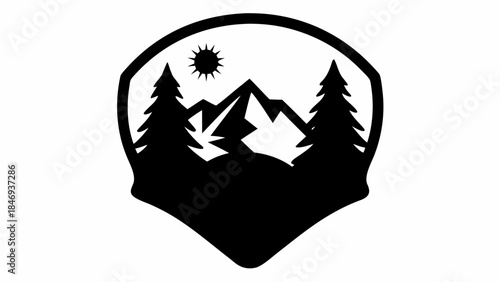 Outdoor Adventure Badge Silhouette with Mountains and Trees, Nature Exploration Logo Design for Travel Enthusiasts