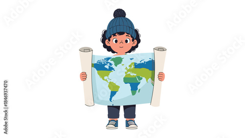Cheerful young traveler proudly displays a world map, dreaming of global adventures and exploring different cultures.