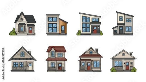 Charming collection of colorful residential houses with diverse architectural styles and detailed exteriors, perfect for illustration projects.
