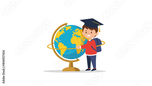 A smiling graduate stands proudly next to a world globe, symbolizing global education and future opportunities.