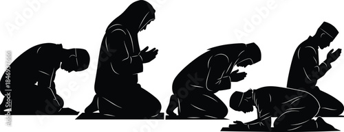 Set of Muslim Men and Women Silhouettes Praying in Sujud and Tashahhud Positions for Islamic Prayer Ramadan Eid and Religion
