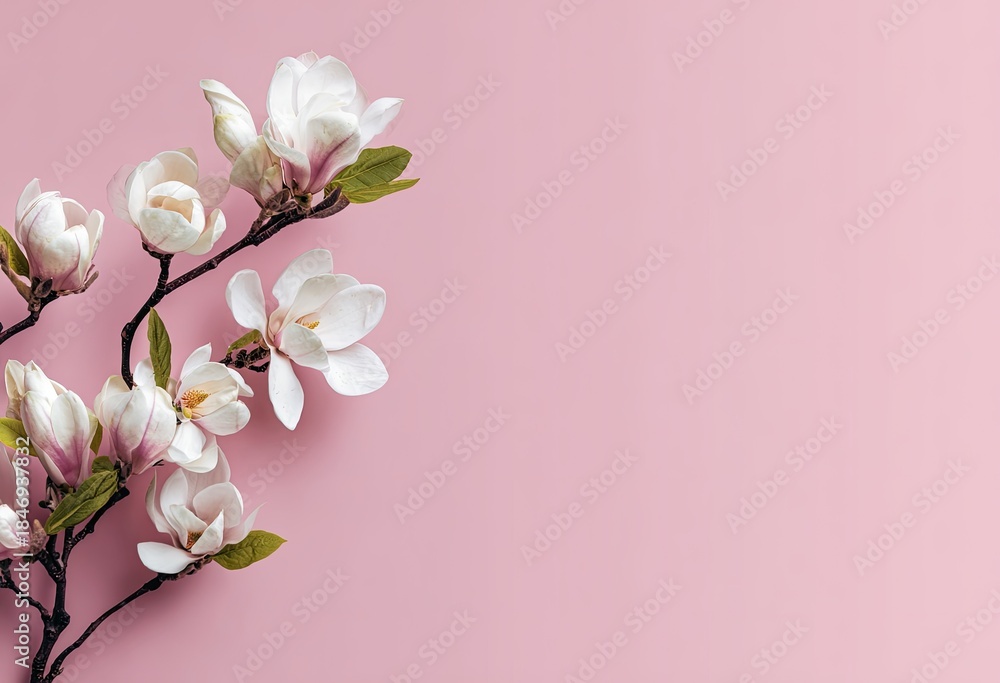 Fototapeta premium Delicate white magnolia blooms on a branch against a vibrant pink backdrop, creating a serene scene
