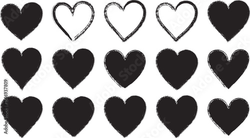 Various black hearts with brush stroke effect on transparent background