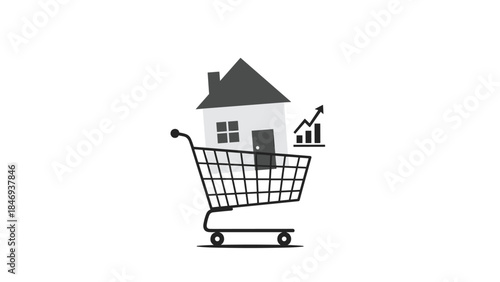 Conceptual image representing the process of purchasing a home, symbolized by a house in a shopping cart with a rising graph.