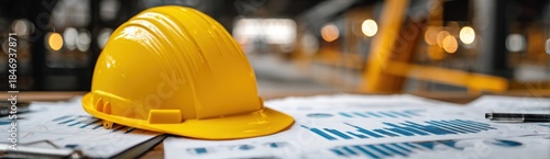 A yellow hard hat sits on top of papers that show graphs and charts in an office setting. The background shows a workspace filled with tools and equipment