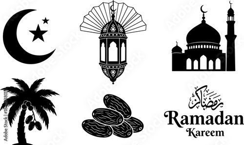set of Ramadan kareem silhouette icons for muslim holiday celebration vector design