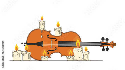 A beautifully illustrated violin is surrounded by glowing candles, creating a dramatic and artistic still life composition.