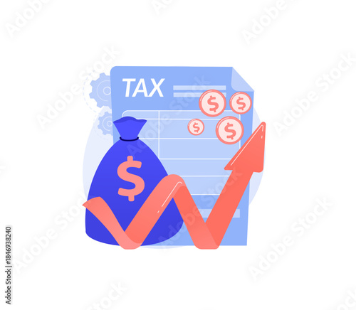 Tax and Financial Growth Illustration: A dynamic illustration depicting a tax document with rising financial arrow, bag of money and coins, highlighting the concepts of taxation and economic growth. 