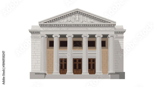 Classical architecture showcases a grand building with imposing columns and intricate sculptural details, evoking a sense of history and prestige.