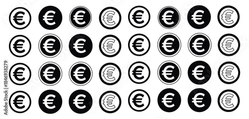 euro icon collection, full set of euro symbols presented in multiple vector styles, suitable for financial graphics, business applications, banking illustrations, currency exchange designs, and 