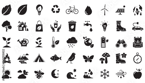 Nature outdoor camping ecology life glyph icon set collection