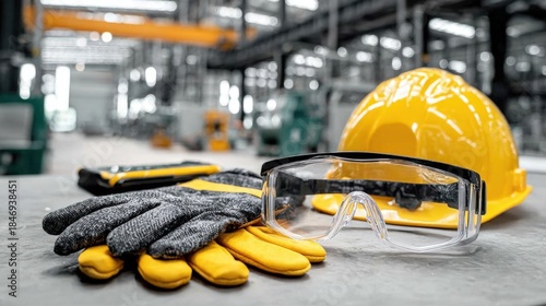 Safety gear is arranged on a workbench in a factory. A yellow hard hat, protective gloves, and safety glasses are visible. Tools and machinery are in the background