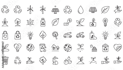 Eco friendly recycling nature outline line vector icon set