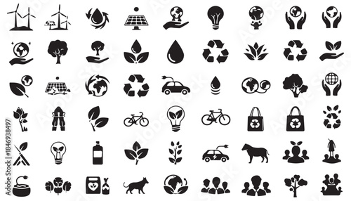 Sustainability ecology nature people glyph icon set vector collection