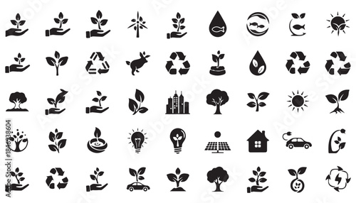 Modern green ecology renewable energy glyph icon set vector