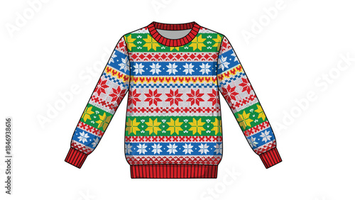 Festive christmas sweater with colorful nordic patterns and red trim is perfect for holiday celebrations and winter fashion.