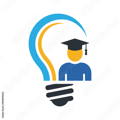Graduation cap on a person with blue and yellow swirls and black sound waves