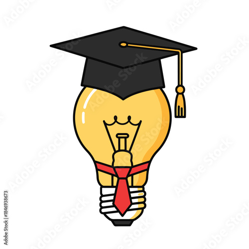 Lightbulb wearing graduation cap and red tie