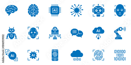 Artificial Intelligence & Robotics Vector Set – AI Technology Icons, Digital Algorithms, Androids, Brain & Processor Symbols, Automation Illustration Collection