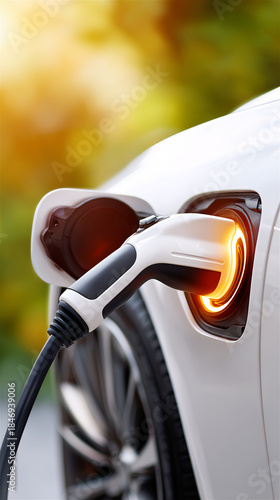 Close-up of an electric vehicle charging cable plugged into a modern white car, glowing indicator light, clean transportation concept, sustainability, future mobility, copy space.