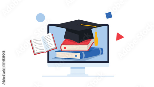 Online education concept featuring a graduation cap atop books displayed on a computer screen, symbolizing virtual learning and academic achievement.