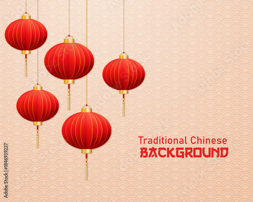 Traditional red Chinese lanterns with golden tops and tassels hanging against a patterned light orange background, celebrating cultural heritage.