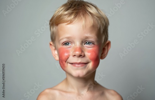 Blond boy with red sunburned cheeks smiles against grey background. Child suffers from sun exposure. Skin redness after summer day outdoors. Danger for kids.