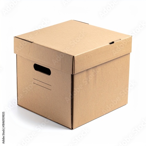 A closed, square cardboard box with a lid, handles, and neutral tone
