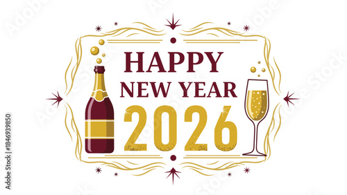 Festive new year illustration features a champagne bottle, flute, and golden decorative frame with the year 2026 for celebrations.
