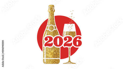 Golden champagne bottle and glass celebrate the new year 2026 with a festive red circular background.