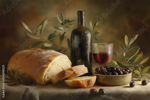 Warm Classical Still Life of Bread, Red Wine and Olive Branches (PNG 6912×4608)