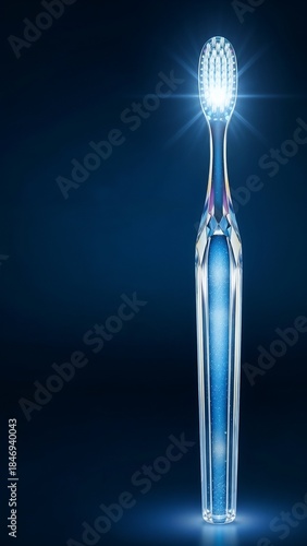 Futuristic crystal toothbrush with a glowing head. Advanced dental hygiene and oral care technology concept for international dentist day with copy space