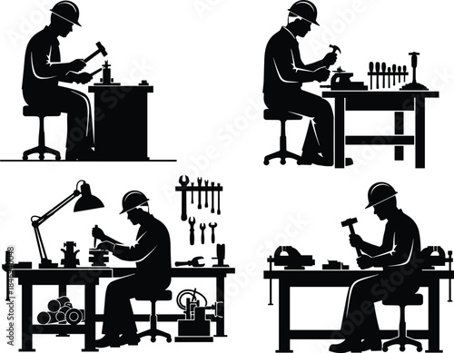 worker, silhouette, workbench, seated, hard hat, tool, hammer, screwdriver, gear, black, white, icon, illustration, vector, design, symbol, mechanical, labor, craftsmanship, industry