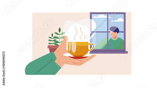 A calm wellness scene featuring a person holding a warm cup of herbal tea near a window, soft steam rising, natural relaxation and mindful self-care mood.