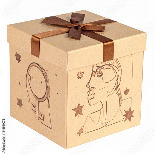 Gift box with sketch art, brown ribbon, and starry decoration