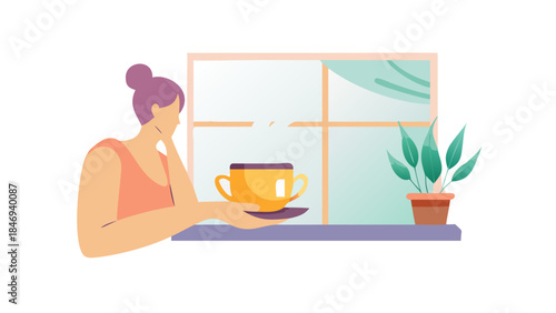 A calm wellness scene featuring a person holding a warm cup of herbal tea near a window, soft steam rising, natural relaxation and mindful self-care mood.