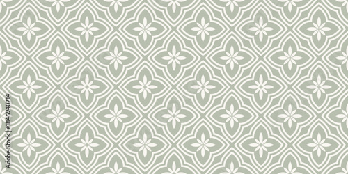 Fototapeta Naklejka Na Ścianę i Meble -  Elegant floral ornament in oriental style. Vector seamless pattern with flowers, tiles. Simple abstract minimal background. Sage green color texture. Luxury repeated design for decor, textile, curtain